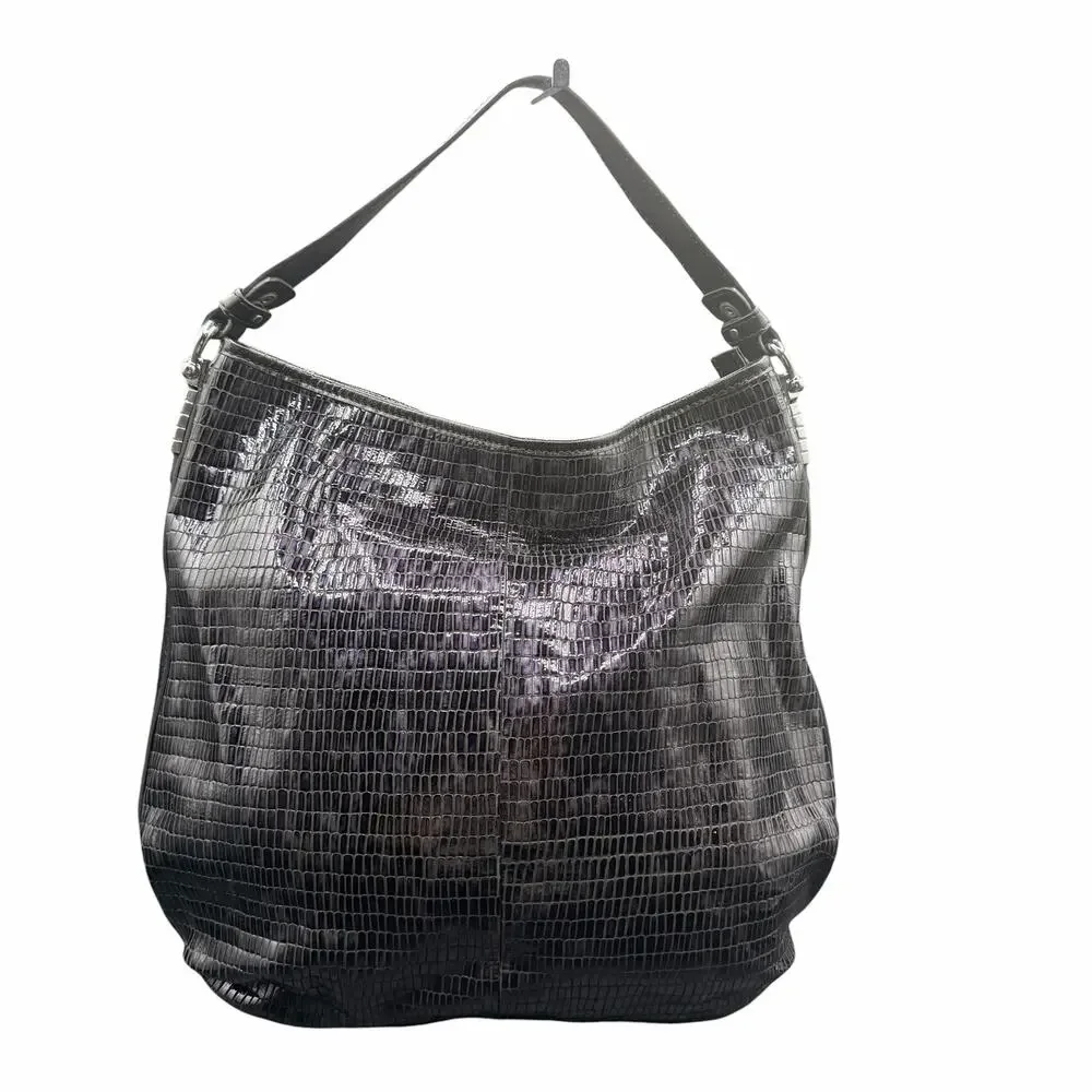 Wanlima Black & Purple Croc Embossed Leather Hobo Shoulder Bag Large